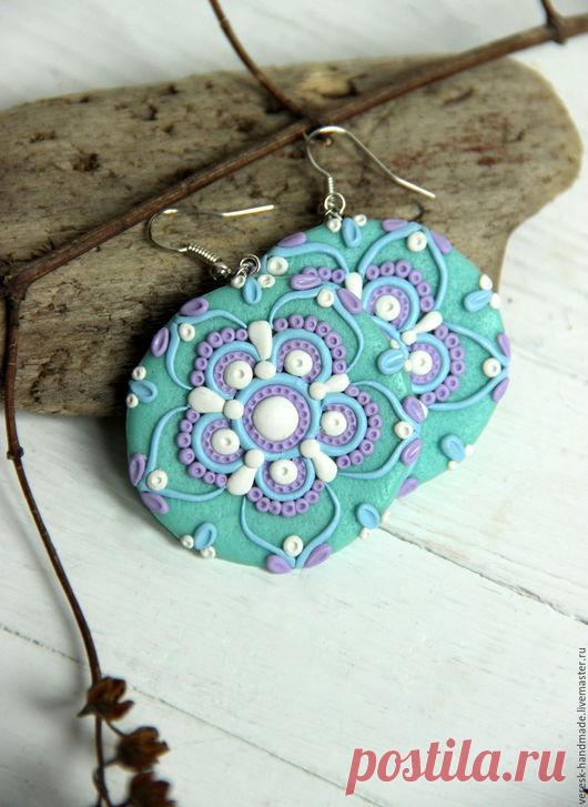 Купить Серьги из полимерной глины Восточный орнамент - серьги из полимерной, серьги из пластики, подарок, бирюзовый
