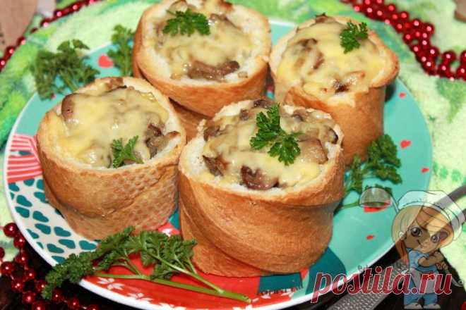 Грибные пеньки из багета, рецепт быстрой закуски с шампиньонами