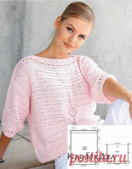 Розовый пуловер на лето, вязание спицами с описанием и выкройкой