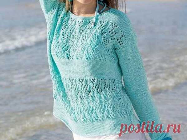Летний пуловер мятного цвета из хлопковой пряжи ~ Свое рукоделие Летний пуловер из хлопковой пряжи приятного мятного цвета добавляет свежести и легкости в ваш образ. Этот летний пуловер вяжем спицами. Размеры: 38/40