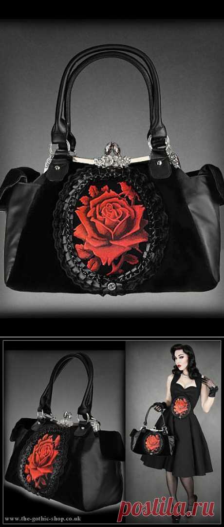 Red Rose Cameo Black Velvet Handbag by Restyle | Gothic
