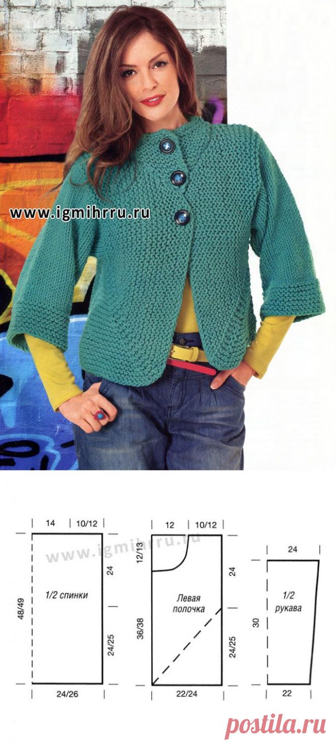 Лаконичный жакет цвета светлой бирюзы. Спицы