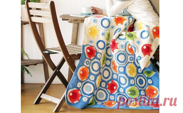 Вязаный плед из мотивов рыбками. Схема