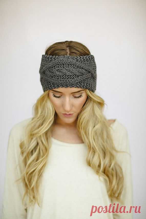 Gray Cable Knitted Headband Ear Warmer Grey by ThreeBirdNest
