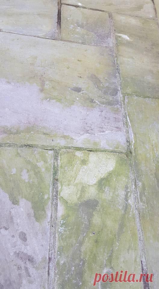 Садоводы огородники, нужен ваш профессиональный совет. Как очистить песчаный камень на патио? 

Пройдусь водоочисткой под напором, но зелень вьелась в камень . Может у кого какие секретики имеются?