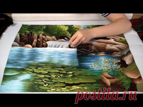 Embroidery Art by 100% Hand - Beautiful Embroidery: Mountain and Water Charming