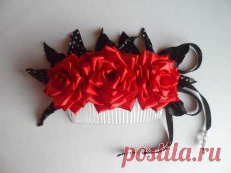 Гребень Канзаши &quot; Дикая Роза &quot; / DIY: Comb kanzashi &quot; Wild Rose &quot; - YouTube