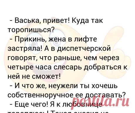 - Васька, привет! Куда так торопишься?  - Прикинь, жена в лифте застряла! А в диспетчерской говорят, что раньше, чем через четыр... - Васька, привет! Куда так торопишься?
 - Прикинь, жена в лифте застряла! А в диспетчерской говорят, что раньше, чем через четыре часа слесарь добраться к ней не сможет!
 - И что же, неужели ты хочешь собственноручное ее доставать?

