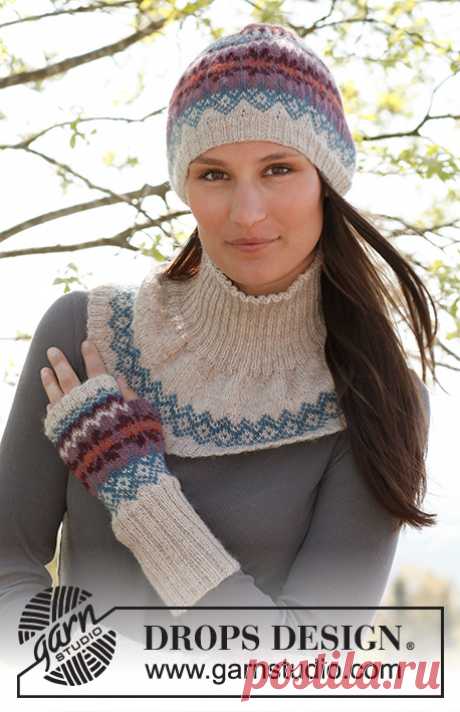 Вяжем вместе с Дропс: Вязаные жаккардовые шапка, манишка и митенки