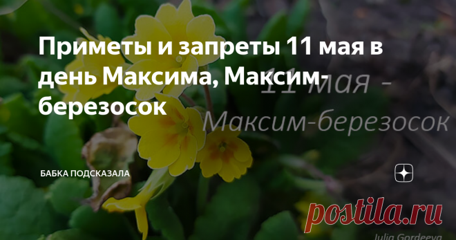 Приметы и запреты 11 мая в день Максима, Максим-березосок Приметы и запреты 11 мая. Какой праздник отмечается 11 мая. Одиннадцатого мая - Максим, Максим-березосок. Народные приметы и запреты 11 мая. По народным приметам, в этот майский день восход солнца при ясном небе - предстоящим летом ожидается много солнечных дней. Звёзды ярко сверкают - к осадкам. Южный ветер в день Максима - летом ожидаются частые грозы. Если одиннадцатого мая на улице тепло, то до конца текущего ме...
