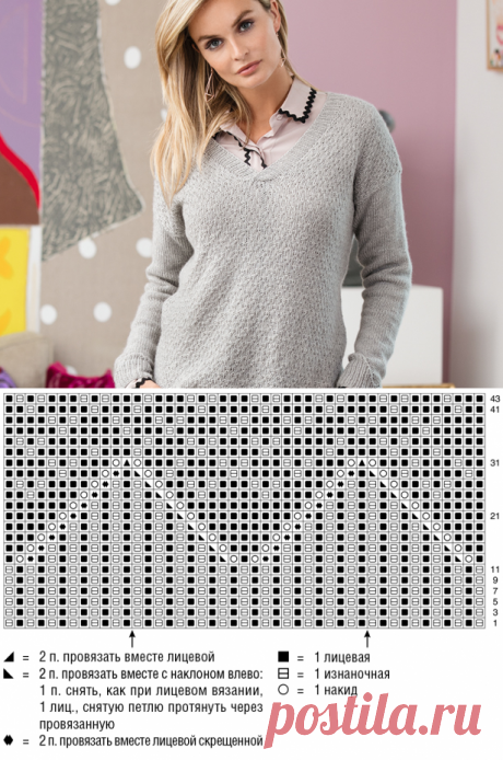Серый пуловер с сочетанием узоров - схема вязания спицами. Вяжем Пуловеры на Verena.ru
