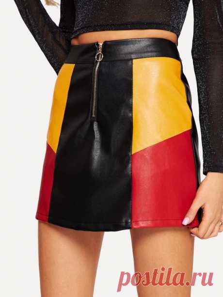 Color-block Zip Front PU Skirt -SHEIN(SHEINSIDE)