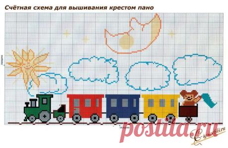 Как вышить крестом панно для детской комнаты с паровозиками