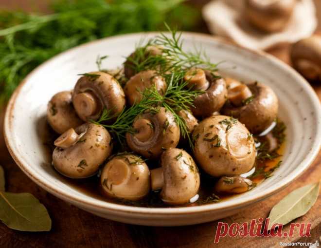 Маринованные шампиньоны — быстрый рецепт  Ингредиенты (на 1 банку ):Шампиньоны — 500 гВода — 250 млУксус 9% — 3 ст. л.Масло растительное — 2 ст. л.Соль — 1 ч. л.Сахар — 1 ч. л.Лавровый лист — 2 шт.Чеснок — 3 зубчикаПерец горошком — 6–8 шт.Укроп (сухой или свежий) —...
