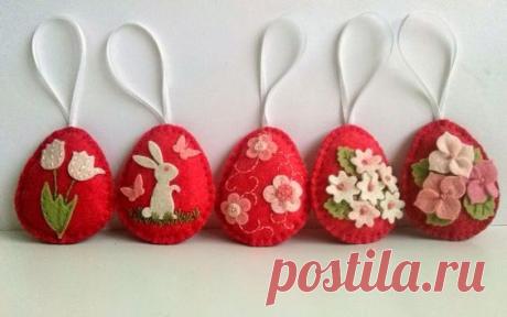 (29) Felt easter decoration - red felt eggs with bunny and flowers / set of 5 decorated eggs | Felt Crafts