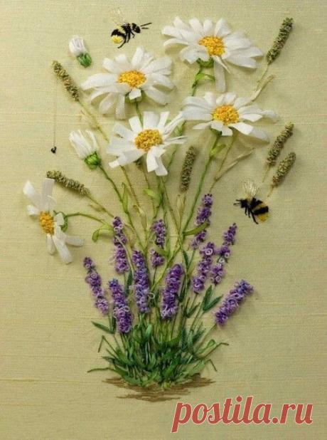 Вышивка лентами объемных ромашек: мастер-класс