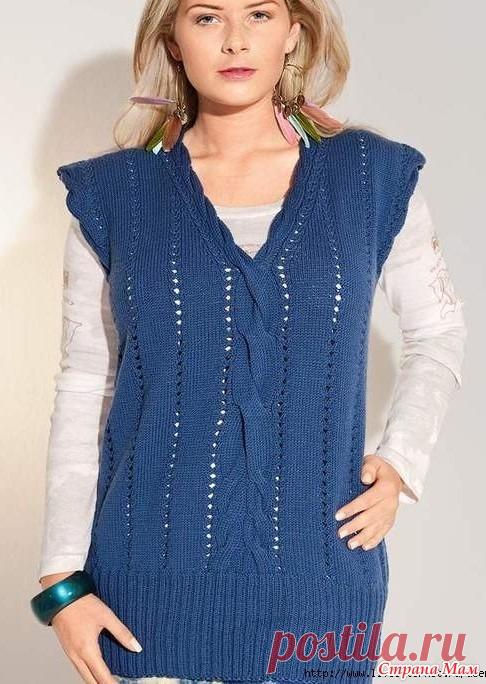 Удлиненная безрукавка с треугольным вырезом. Спицы. Сабрина №1/2017 Вязание для полных женщин