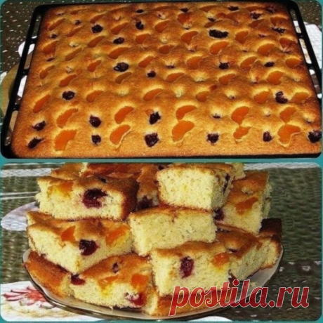 Пирог на минералке - просто, быстро и вкусно!) 

1 ст.л подсолнечного масла 
1 ст. минералки 
4 яйца 
2 ст. сахара 
1 пакетик ванилина 
4 ст. муки 
1 пакетик пищевой соды 

Из ингредиентов замесить тесто. 
Вишни или другие фрукты(ягоды) разбросaть по тесту. 

Крошка: маргарин + мука. Можно без крошки, тоже классно. 

Выпекать при 180 градусах до сухой спички 

Долго остаётся свежим, хотя проверить это тяжело. Вроде в кухне никого не было, а пирог испарился в воздухе.