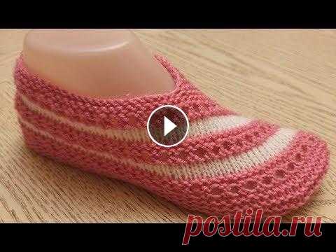 Тапочки-следки на двух спицах  № 46 . ОДНИМ ПОЛОТНОМ!!! Спицы № 3,5; пряжа акрил 100% (320м/100г); подошва 22-23 см. Подпишитесь на новый канал!!!...