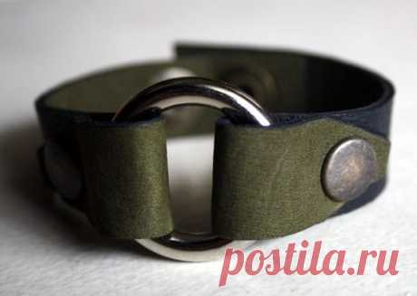 Leather Bracelet Moss Green and Black With O Ring