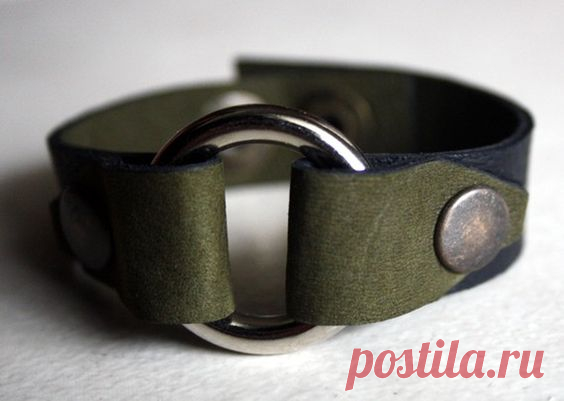 Leather Bracelet Moss Green and Black With O Ring