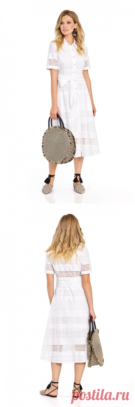 Текстильное платье-рубашка из хлопковой ткани от Pirs. Детали: отрезная линия талии, рубашечный воротник, талевые вытачки, застежка центральная на петли и декоративные пуговицы, втачные короткие рукава, пояса широкие длинные.