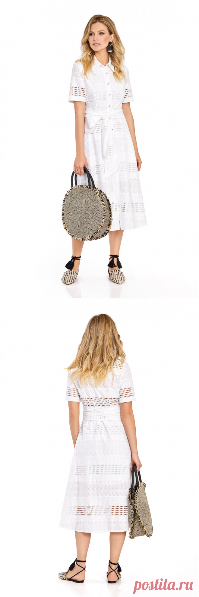 Текстильное платье-рубашка из хлопковой ткани от Pirs. Детали: отрезная линия талии, рубашечный воротник, талевые вытачки, застежка центральная на петли и декоративные пуговицы, втачные короткие рукава, пояса широкие длинные.