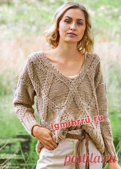 Теплый пуловер с крупными ромбами. Вязание спицами со схемами и описанием