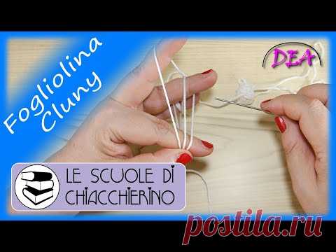 T.56°a.- Fogliolina Cluny. Cluny ad Ago. Costruzione del telaio con le dita. Tessitura fogliolina.