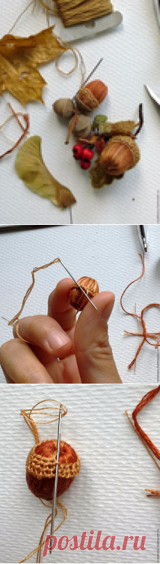 Делаем осенний желудь: оплетаем деревянную бусину