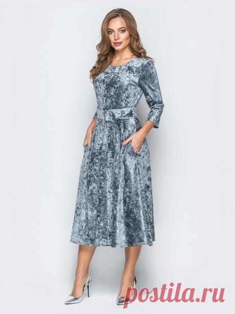 Велюровое платье серого цвета с расклешенной юбкой 18318 – купить в Киеве, Украине в розницу | цены интернет-магазина Dressa