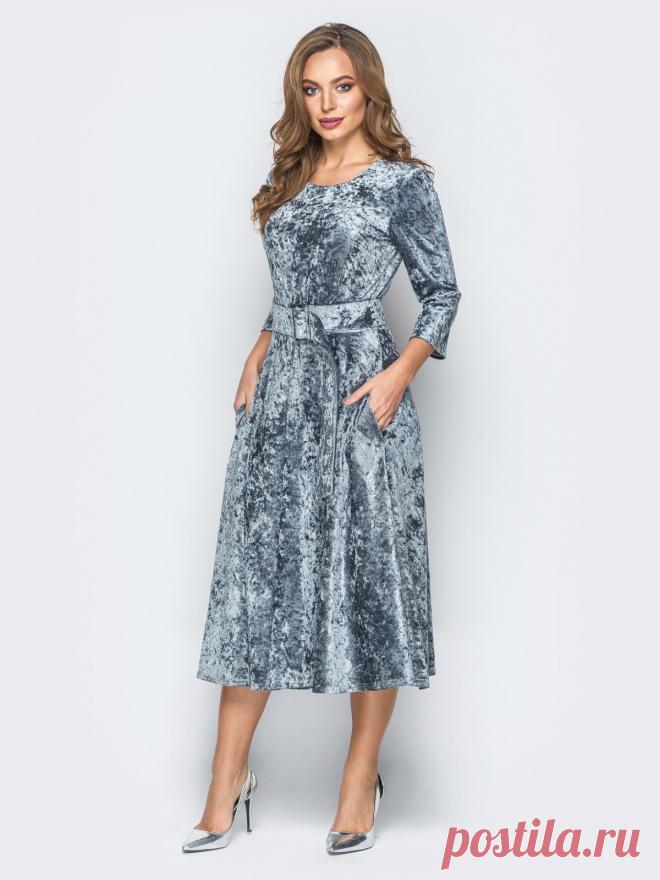 Велюровое платье серого цвета с расклешенной юбкой 18318 – купить в Киеве, Украине в розницу | цены интернет-магазина Dressa