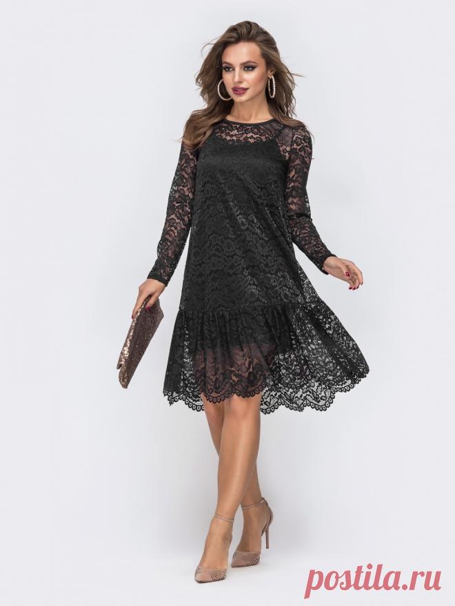 Платье из гипюра с воланом по низу чёрное 42889 – купить в Киеве, Украине в розницу | цены интернет-магазина Dressa