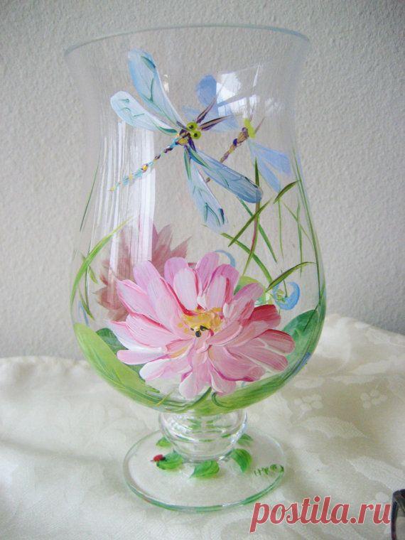Handpainted glass waterlily hurricane