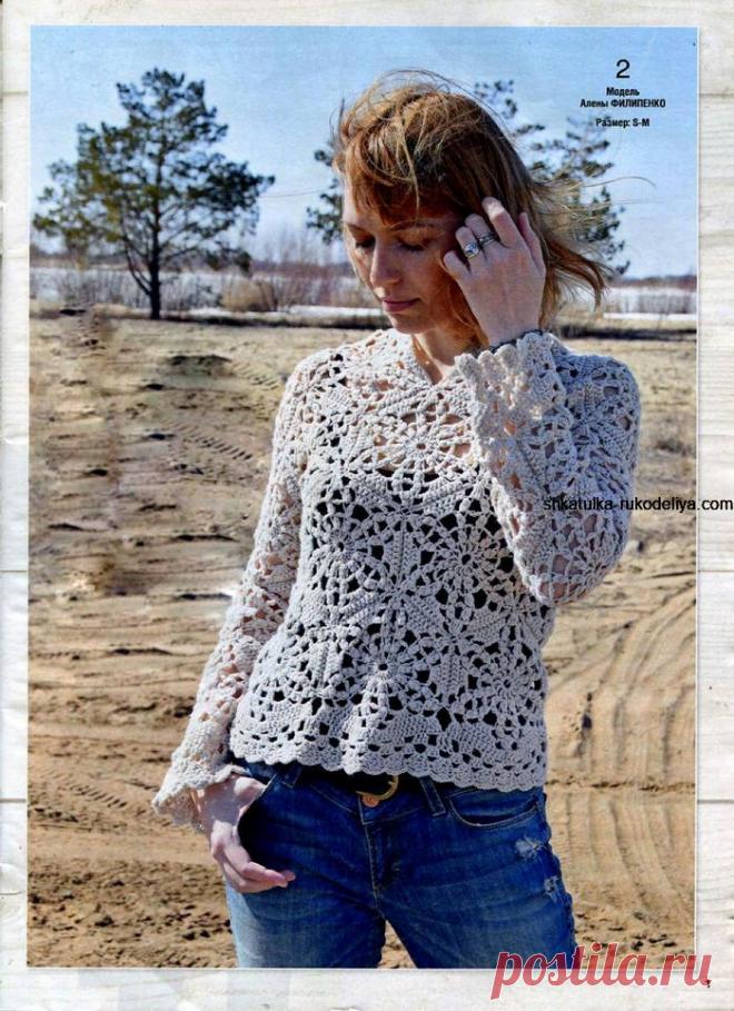 Пуловер песочного цвета Пуловер песочного цвета крючком. Шикарный пуловер шестиугольными мотивами с описанием