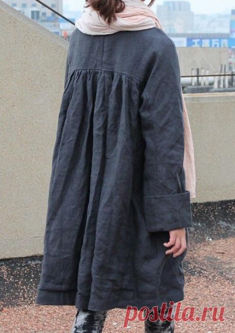 RAMIES/ Free Style Pleated Linen Long Jacket/ Cape/ Black