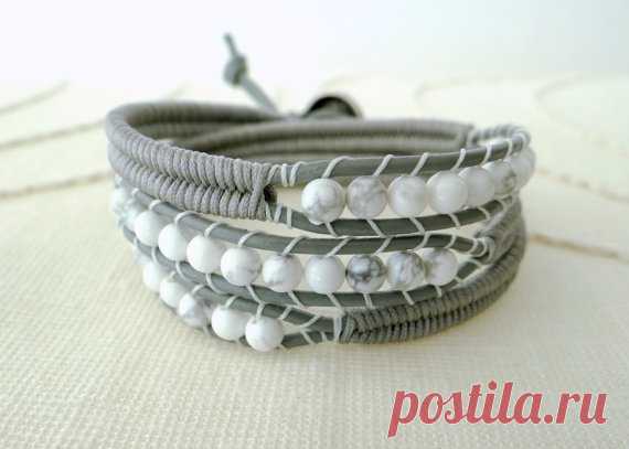 Beaded Leather Wrap Bracelet with Grey Leather White Howlite