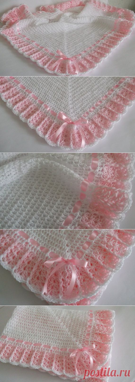 Crochet Baby Blanket White Pink Christening от HandmadeByHallien