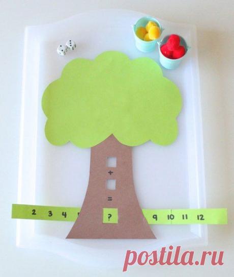 УЧИМСЯ ИГРАЯ
&quot;Дерево сложения&quot;
Эта игра наверняка увлечет ребенка и позволит отработать начальные математические навыки. 
Потребуется:
— 1 лист плотной коричневой бумаги,
— 1 лист плотной зеленой бумаги,
— 1 тонкая полоска бумаги (любого цвета),
— 12 помпонов: 6 желтых и 6 красных,
— 2 игральных кубика.