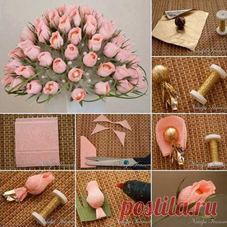 Chocolate Flower Bouquet - DIY - AllDayChic We are used to give flowers when celebrating with friends and family. What about sending a bunch of original flowers made from sweets, neatly packaged in a delicate paper? Ready to experiment? Then check out the directions below! You will need: – scissors; – crepe paper (green and pink or a color you wish); – …