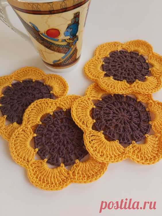 Cotton Crochet Set of 4 Sunflower Coasters, Drink Coasters, Custom Coasters, Home Decor, Table Decorations, Kitchen Decor, Nursery Decor