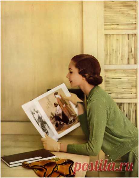 Cherry Nelms, photo by Louise Dahl-Wolfe at the Japanese House at MOMA, Harper's Bazaar, Oct. 1954