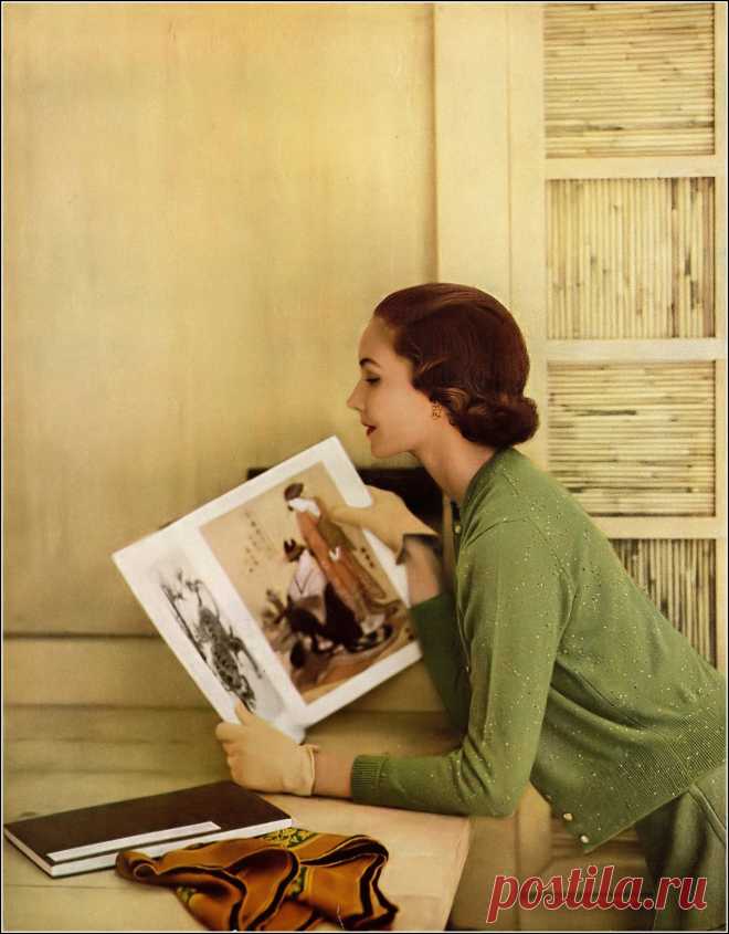 Cherry Nelms, photo by Louise Dahl-Wolfe at the Japanese House at MOMA, Harper's Bazaar, Oct. 1954