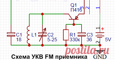 УКВ ФМ радиоприемник на одном транзисторе  Транзистор П416 можно заменить на П422 или ГТ308, КТ603...     Колебательный контур (Катушка L1)  настроен на УКВ диапазон и имеет 14 витка...
