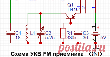 УКВ ФМ радиоприемник на одном транзисторе  Транзистор П416 можно заменить на П422 или ГТ308, КТ603...     Колебательный контур (Катушка L1)  настроен на УКВ диапазон и имеет 14 витка...