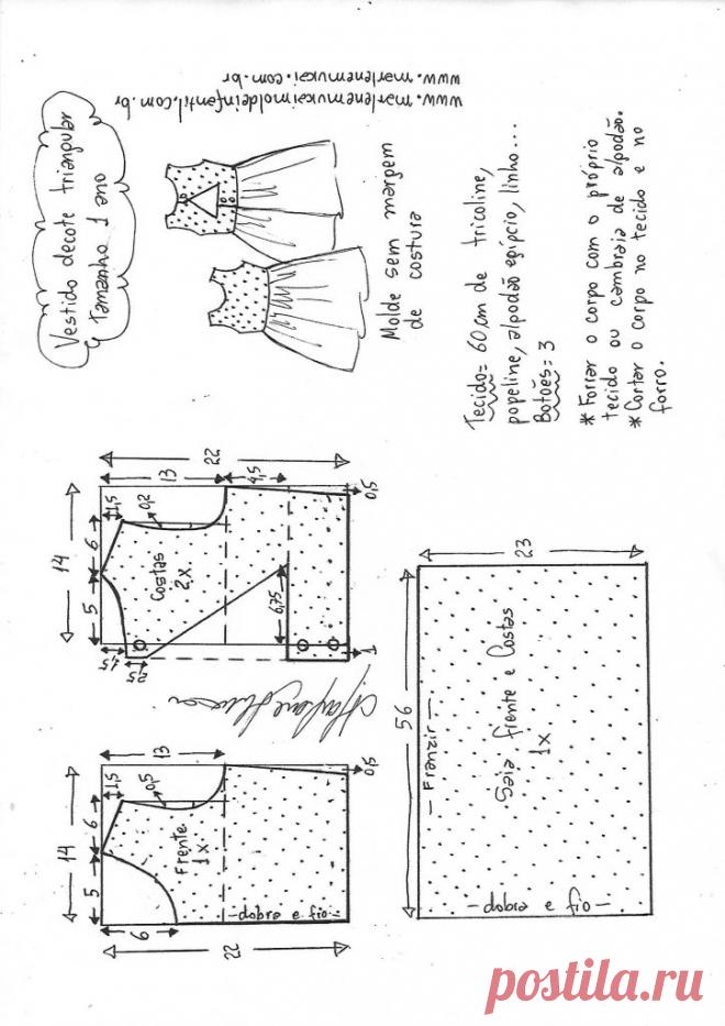 Vestido com decote triangular – DIY- marlene mukai – molde infantil