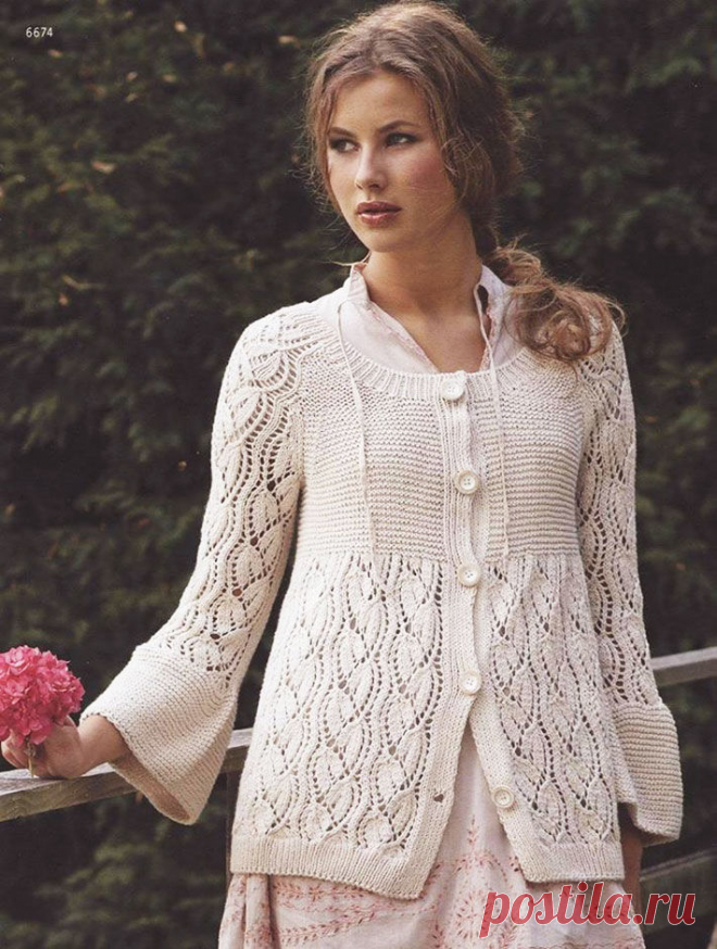 Жакет Вьюнок из хлопка растительным узором спицами