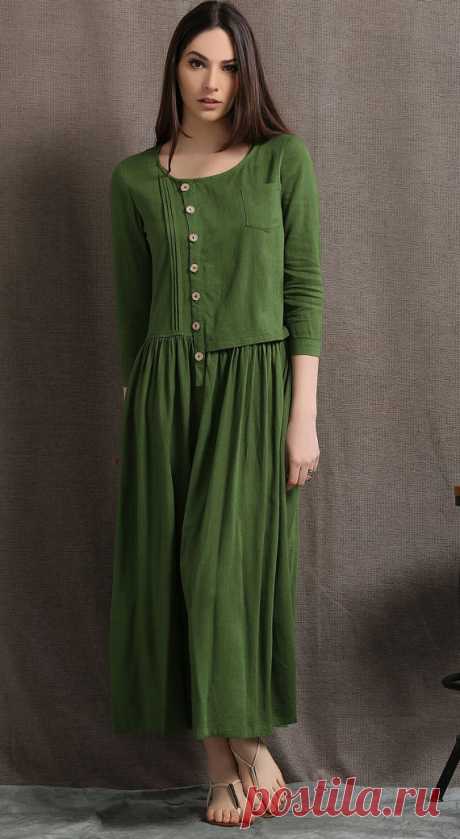Linen Maxi Dress Moss Green Asymmetrical Semi-Fitted от YL1dress