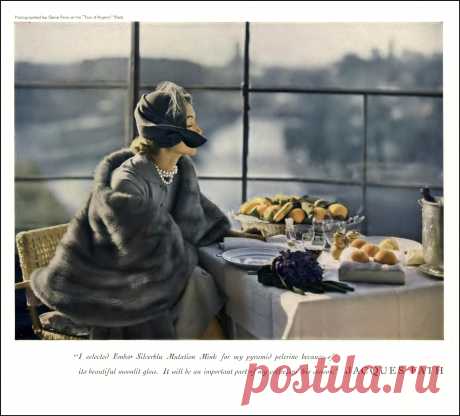 Sophie Malgat, photo by Gene Fenn at the "Tour d'Argent", Paris, Vogue, November 1, 1949