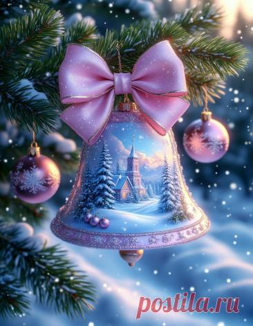 В нежной гамме розово-голубых оттенков красивый  новогодний колокольчик с картинкой зимнего пейзажа, с большим  бантом  на зелёной еловой ветке с новогодними шарами с узорами, пуансеттия на ветке, светодиодная гирлянда, падают фрактальные снежинки, блёстки, фон природный, еловый лес, 
профессиональное фото, высокое разрешение, фото. высокое разрешение, фоторелистично, кинематографично,
 64к, 5д, UltraHD, 
неоновое свечение, алмазная пыль.